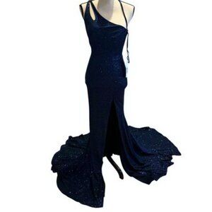 JVN by Jovani Navy Blue Metallic Sparkle Asymmetrical Open Back Gown